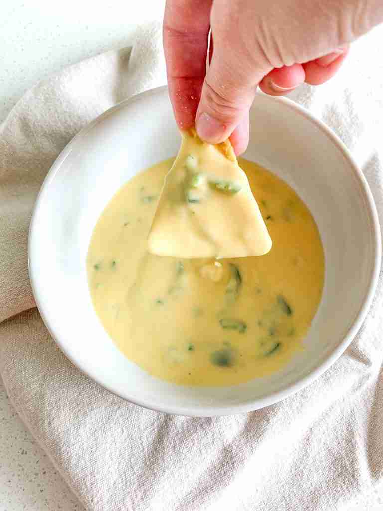 a tortilla chip dipped in cheese dip