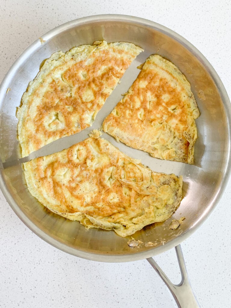 pan fried egg divided into 3