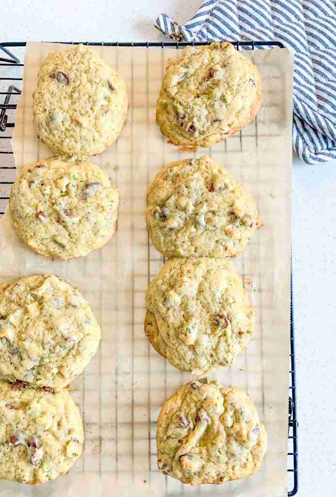 freshly baked sourdough pistachio chocolate chip cookies