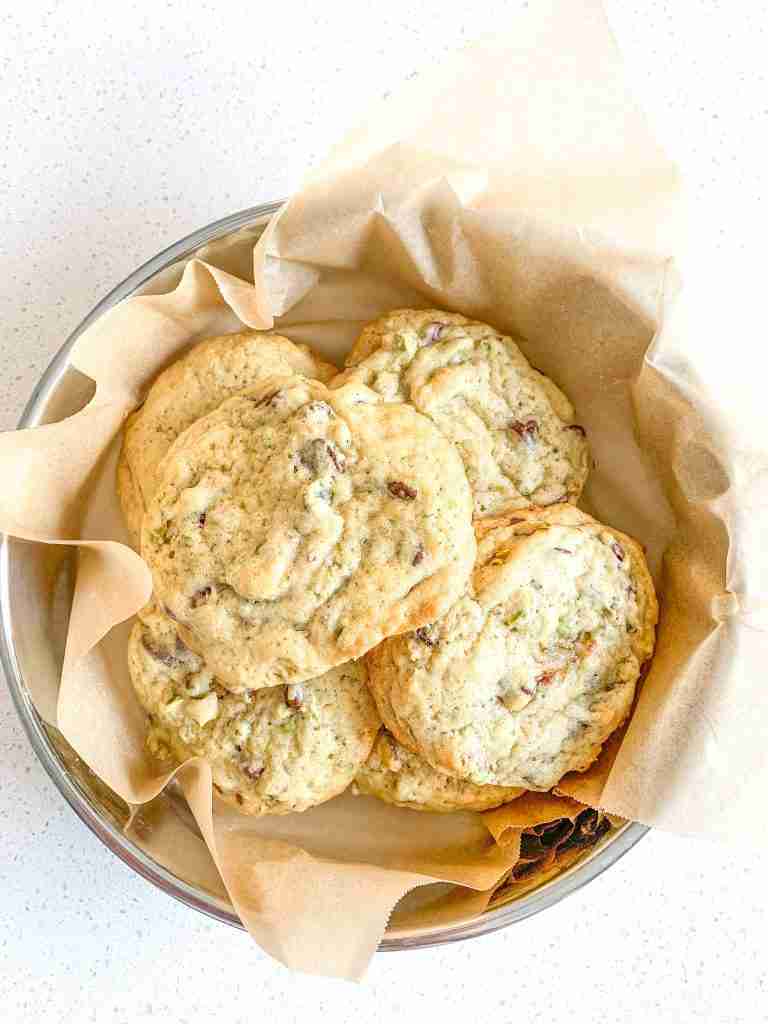 freshly baked sourdough pistachio chocolate chip cookies