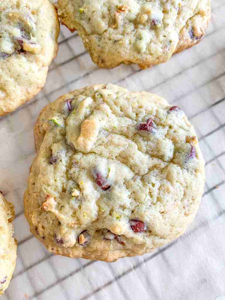 freshly baked sourdough pistachio chocolate chip cookies