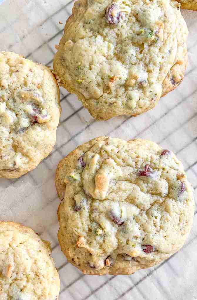 freshly baked sourdough pistachio chocolate chip cookies