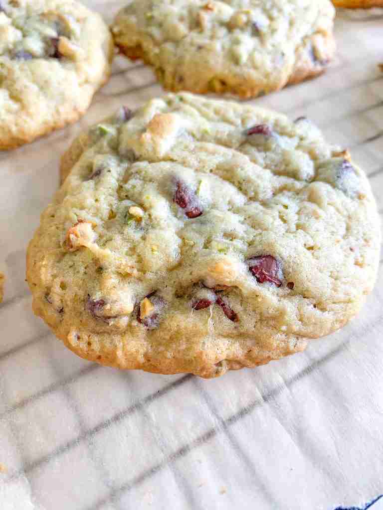 freshly baked sourdough pistachio chocolate chip cookies