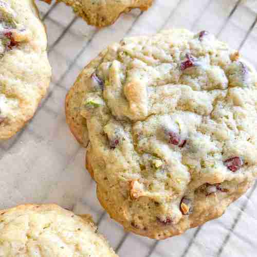 freshly baked sourdough pistachio chocolate chip cookies