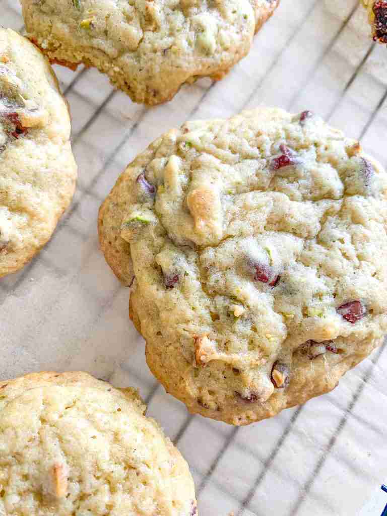 freshly baked sourdough pistachio chocolate chip cookies