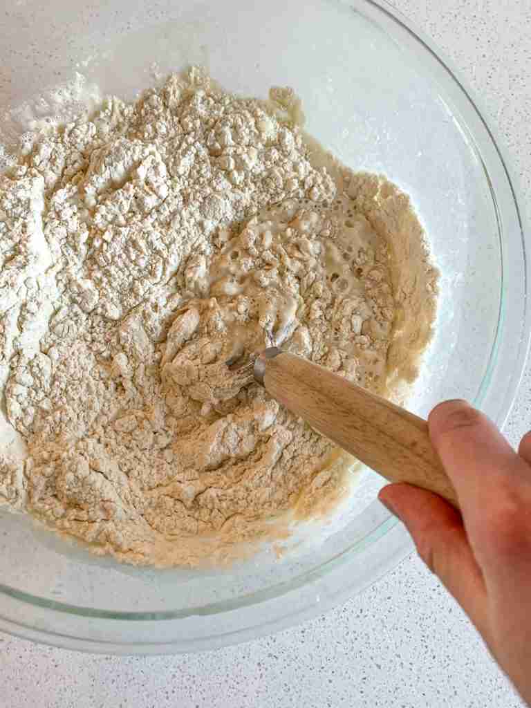 mixing dough for sourdough garlic pull apart bread