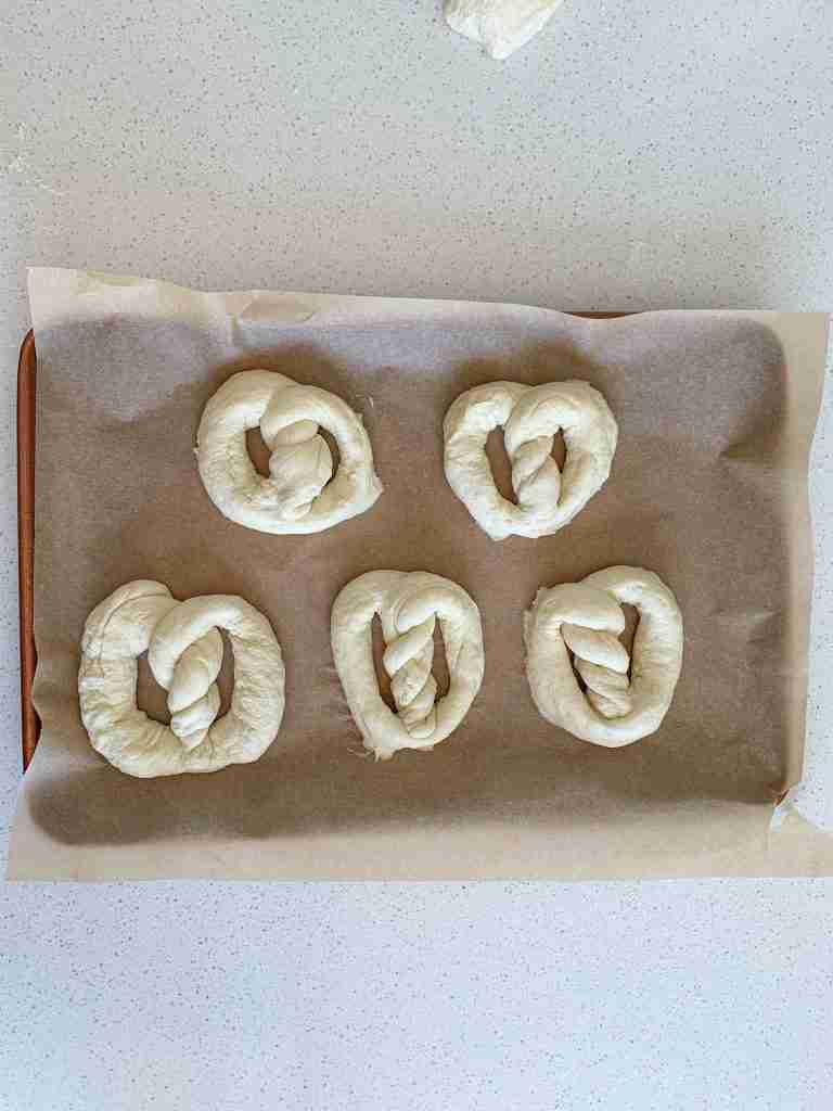 shaped sourdough soft pretzels ready for rising
