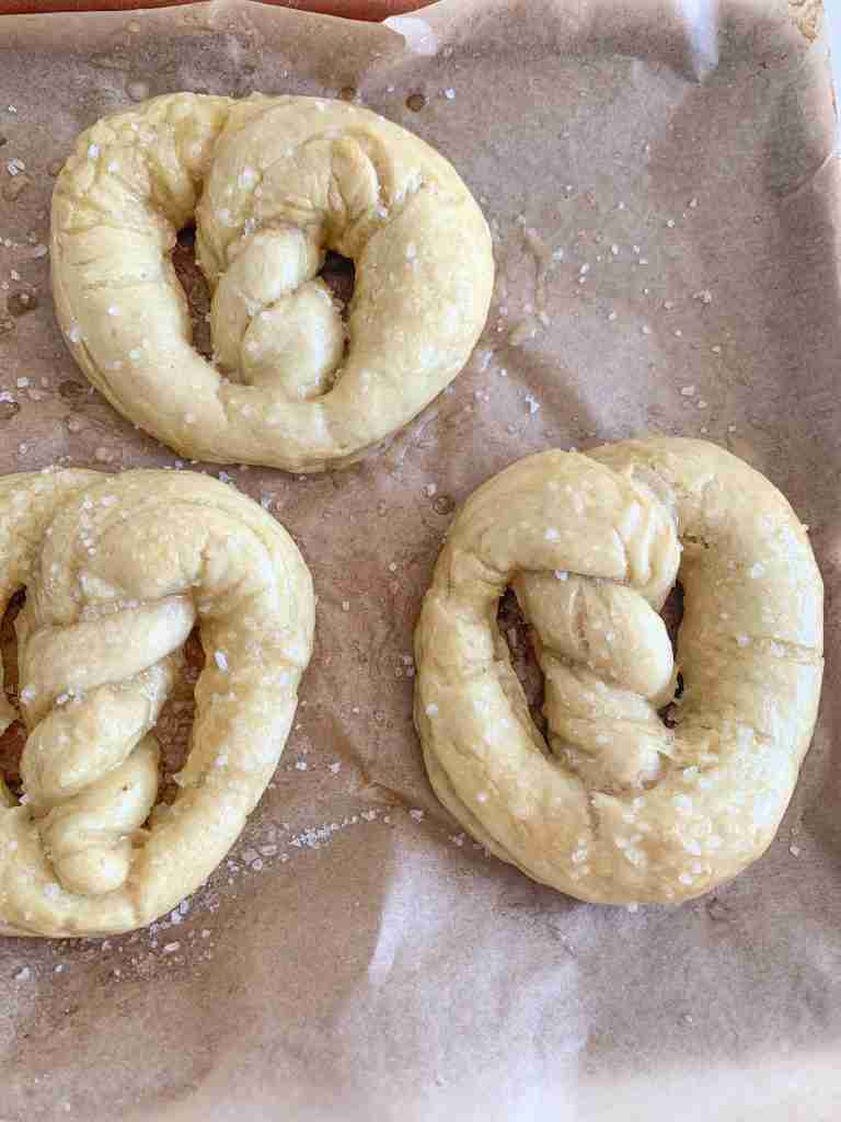 freshly baked and salted sourdough soft pretzels