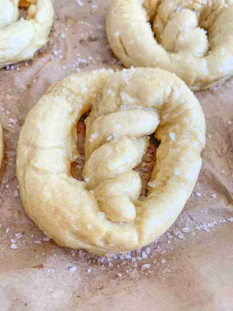 freshly baked and salted sourdough soft pretzels
