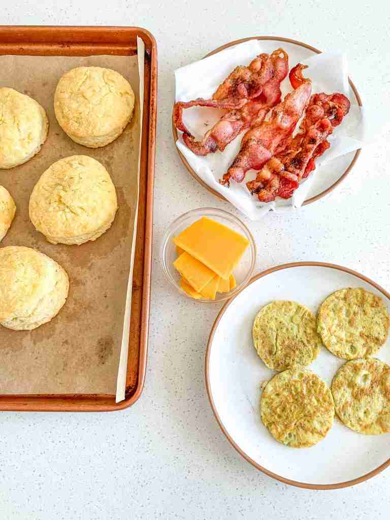 sourdough breakfast sandwich ingredients cooked and ready to assemble
