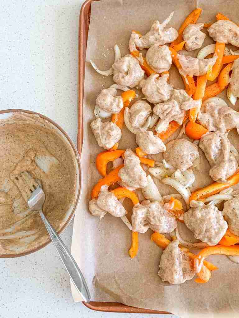 chicken shawarma sheet pan dinner ready for the oven