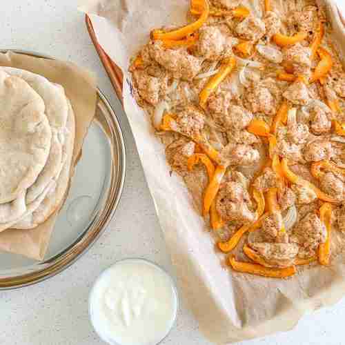 freshly cooked chicken shawarma sheet pan dinner