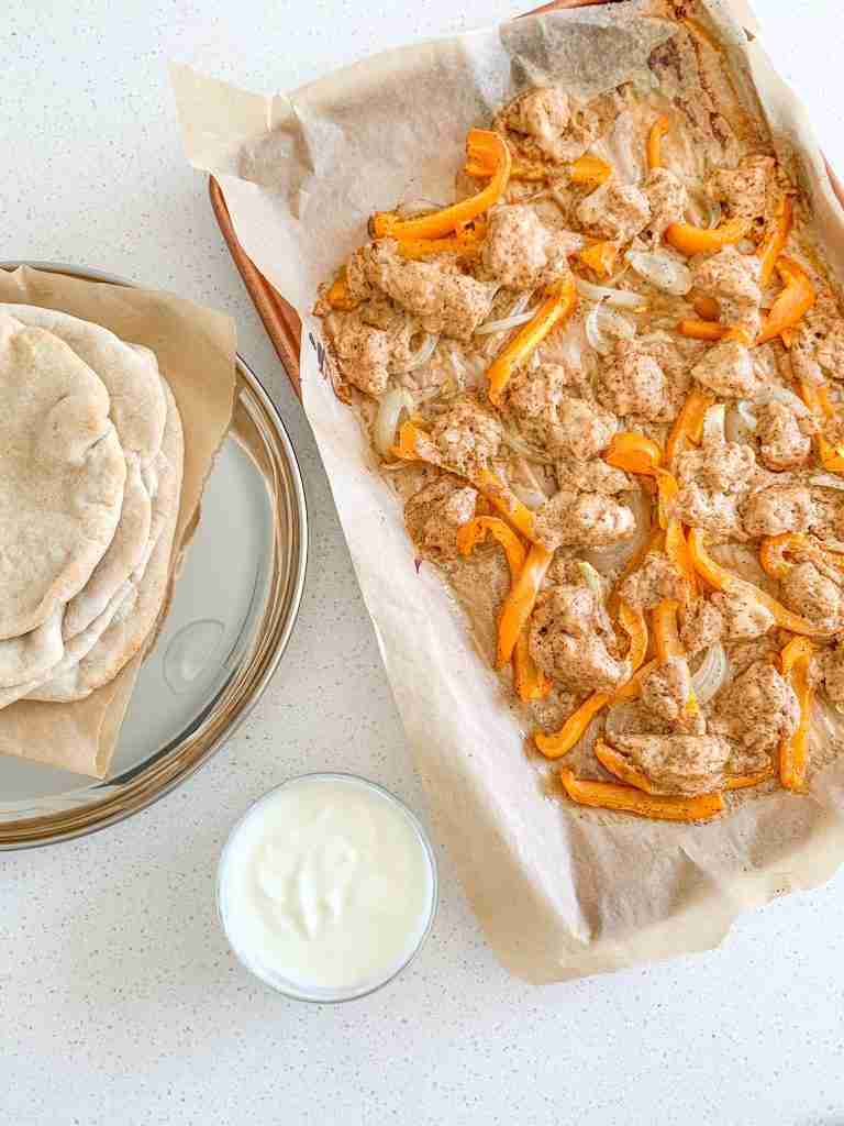 freshly cooked chicken shawarma sheet pan dinner