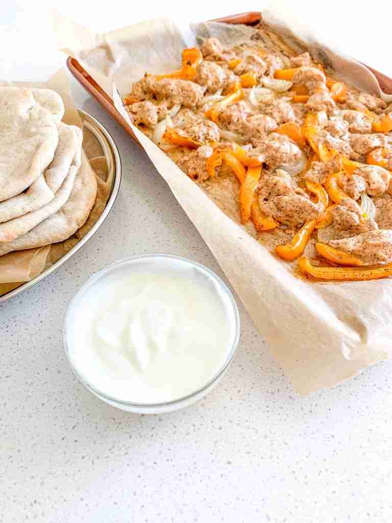 freshly cooked chicken shawarma sheet pan dinner