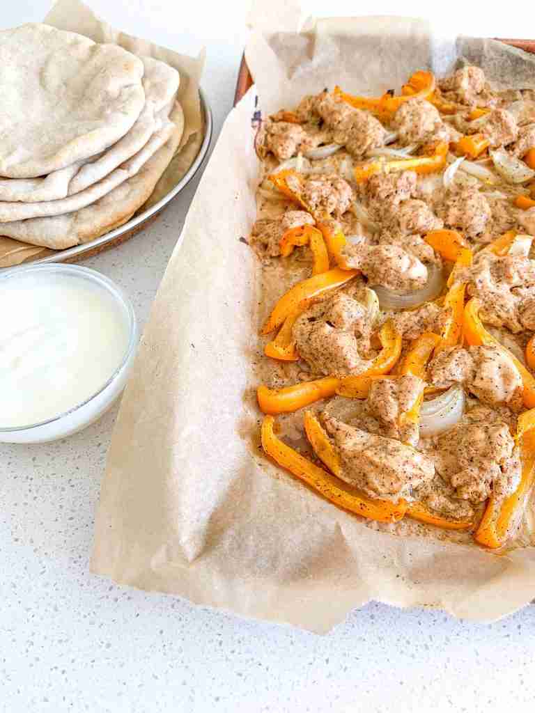 freshly cooked chicken shawarma sheet pan dinner