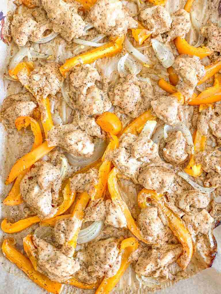 freshly cooked chicken shawarma sheet pan dinner