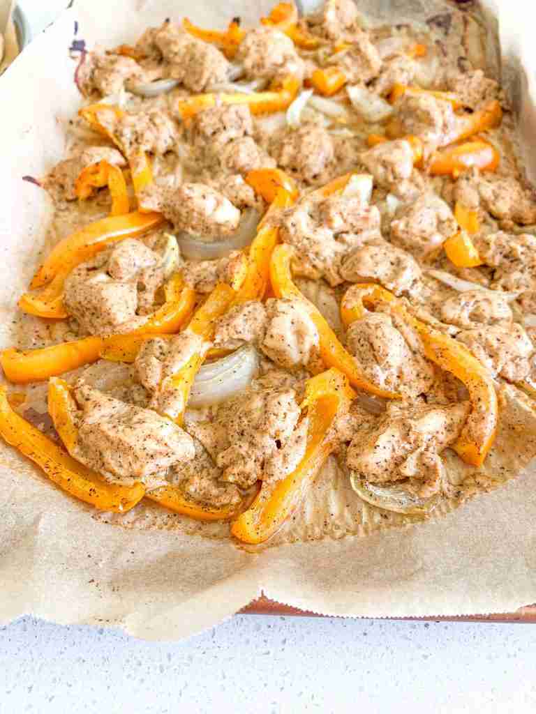 freshly cooked chicken shawarma sheet pan dinner