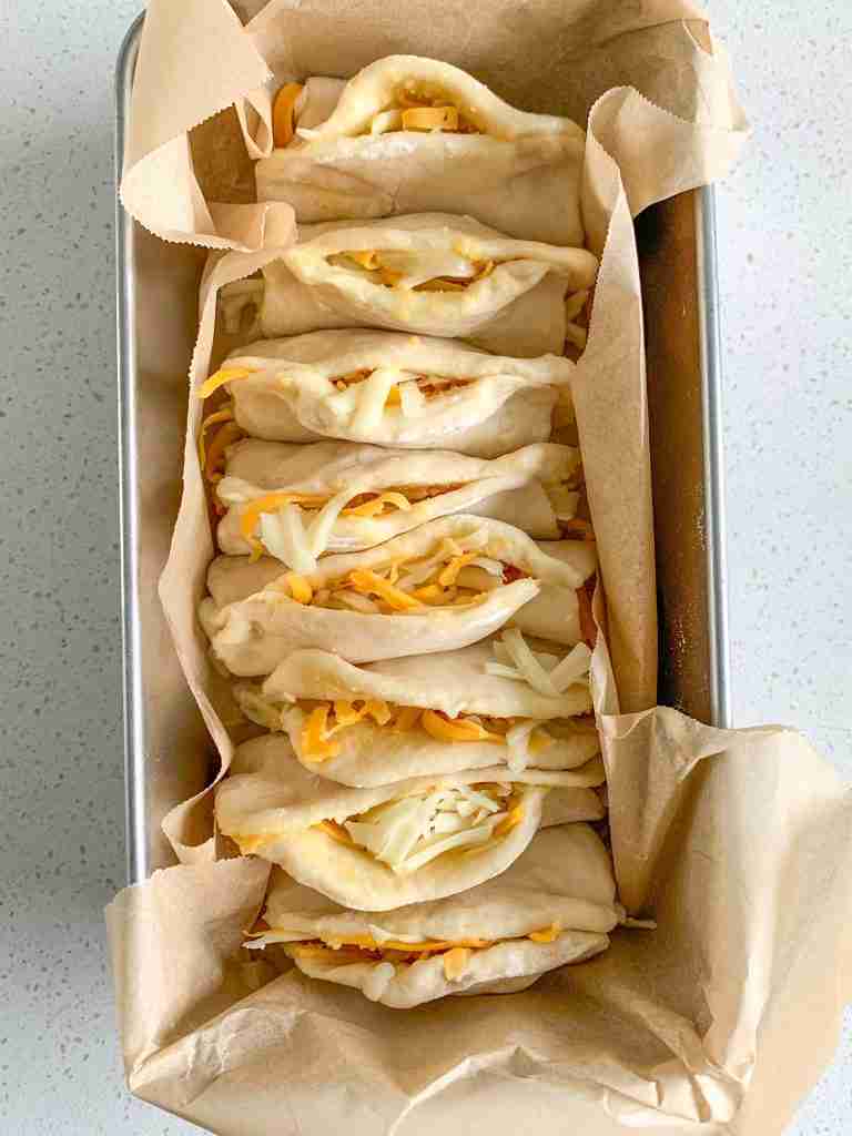 garlic pull apart dough folded and in pan