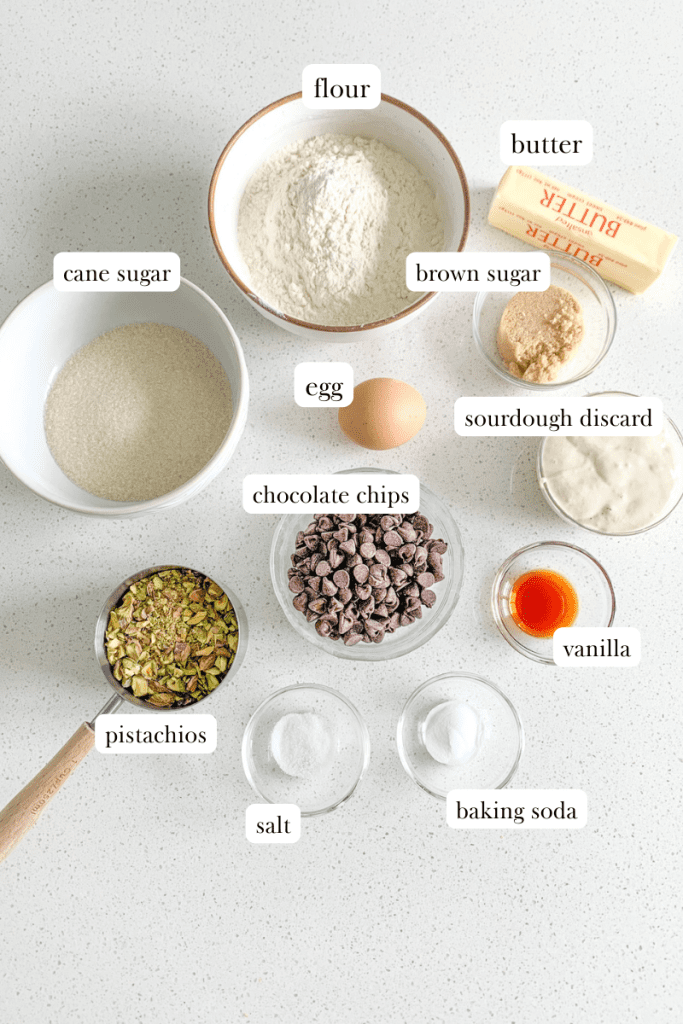 labeled ingredients for sourdough pistachio chocolate chip cookies