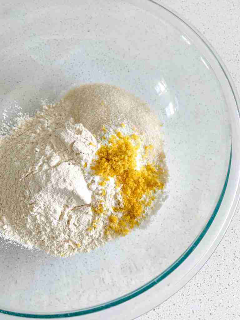 dry sourdough lemon scone ingredients in a bowl