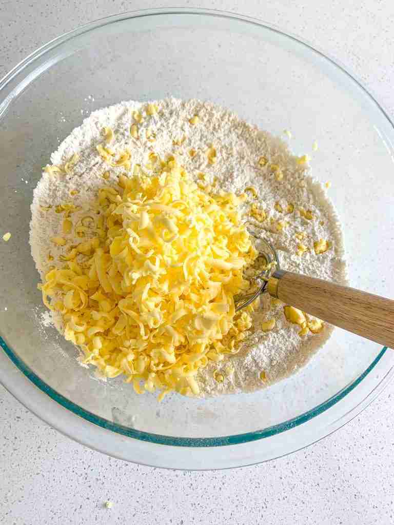 shredded butter in dry sourdough lemon scone dry ingredients