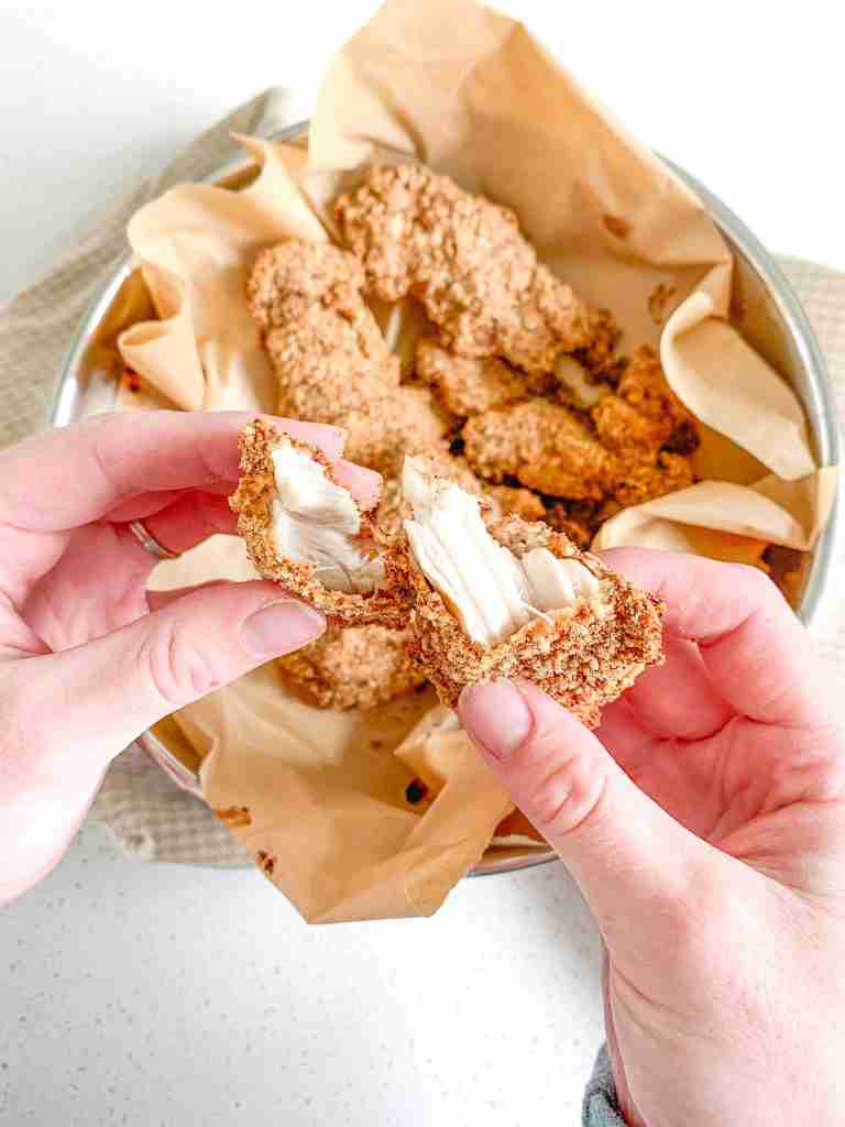 freshly made Oven-Baked Buttermilk Fried Chicken Tenders broke open