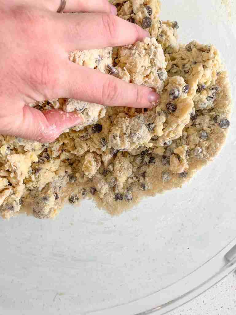combining sourdough chocolate chip walnut scones dough