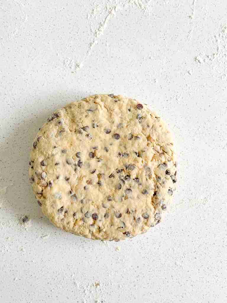 sourdough chocolate chip walnut scones shaped into a disk