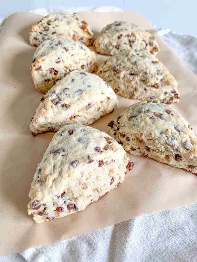 freshly baked derby pie scones (sourdough chocolate walnut scones)