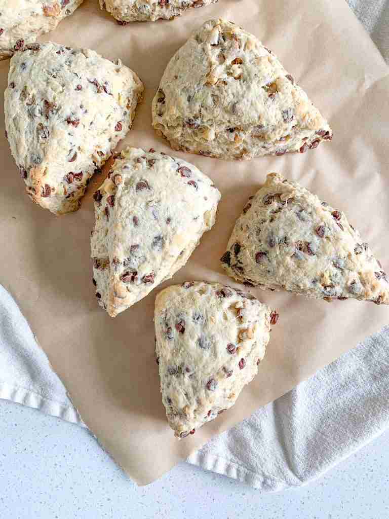 freshly baked derby pie scones (sourdough chocolate walnut scones)