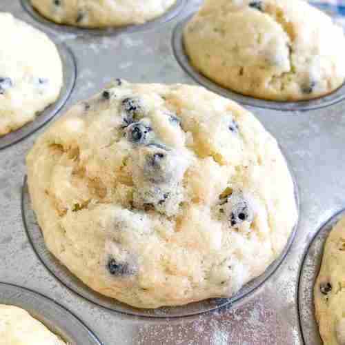 freshly baked sourdough blueberry cheesecake muffins