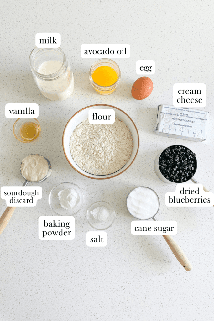 sourdough blueberry cheesecake muffins labeled ingredients