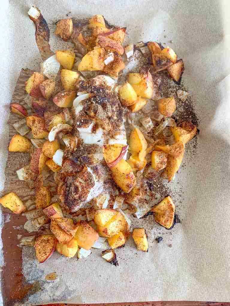 baked peach tacos ready for shredding