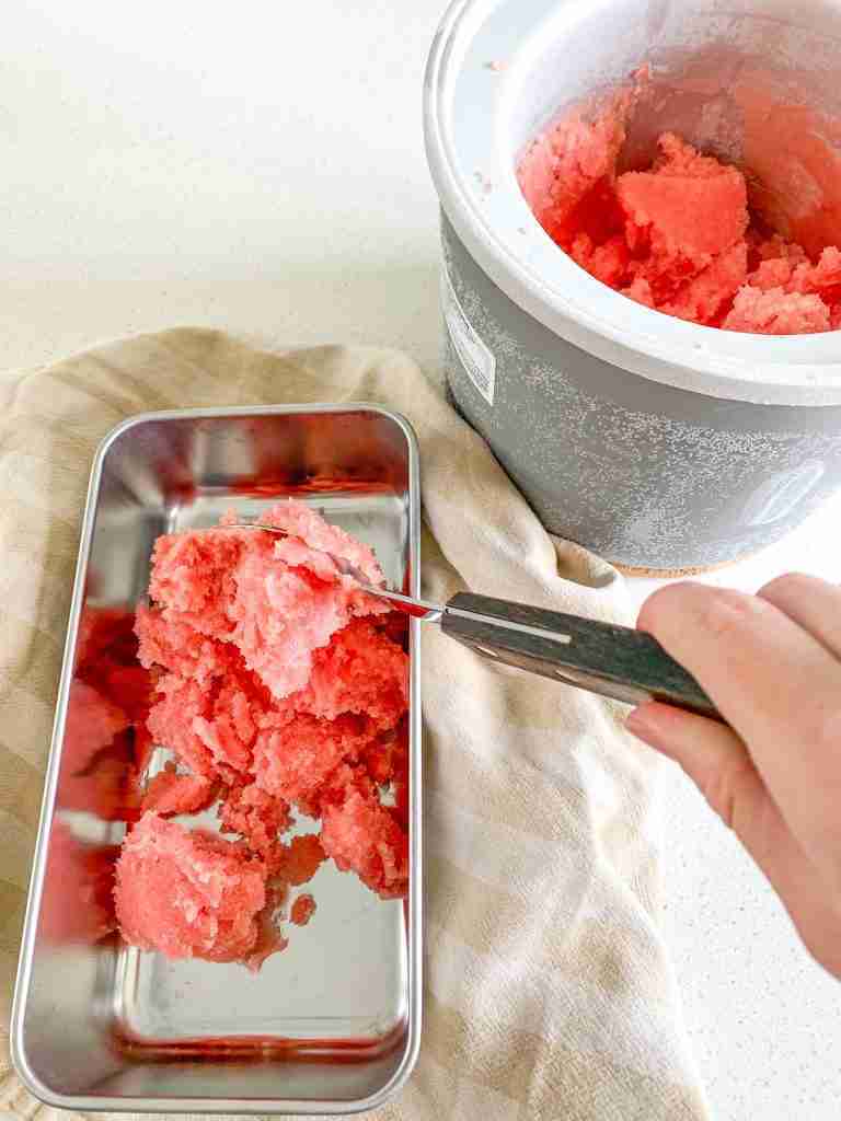freshly made watermelon sorbet getting scooped from ice cream maker to container