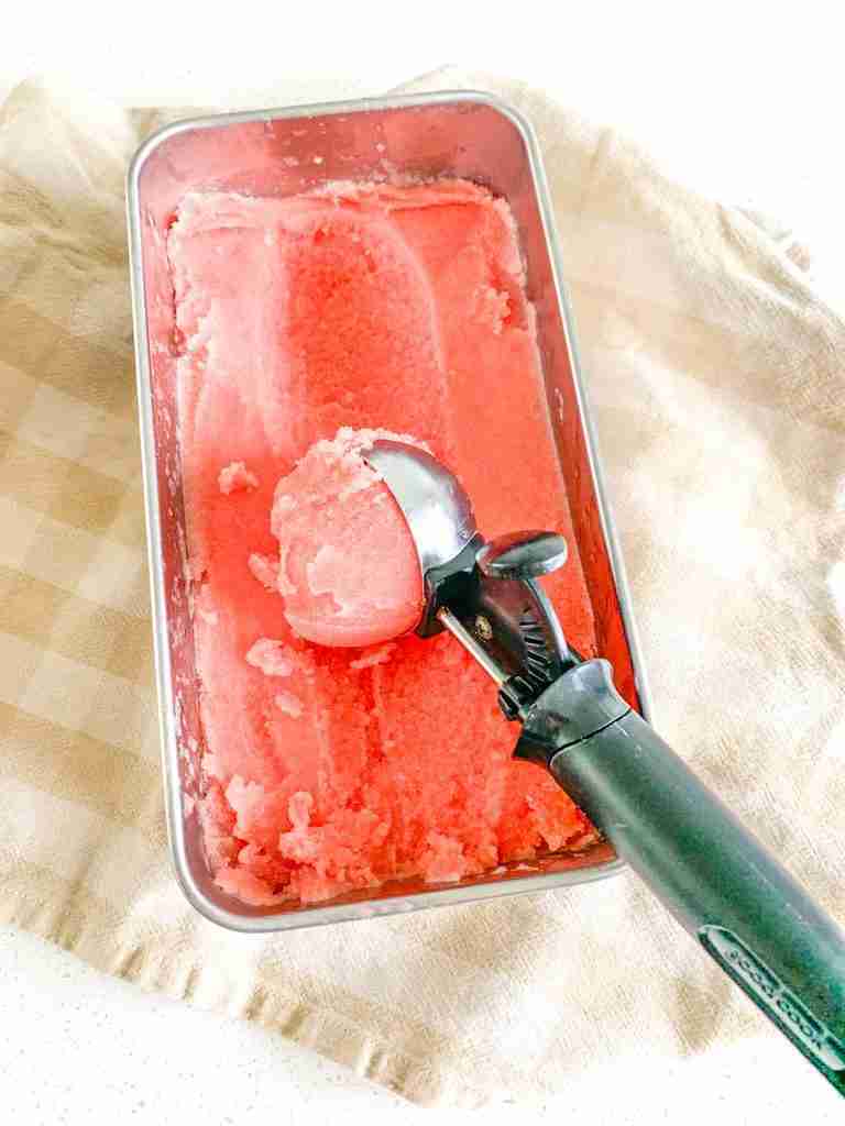 freshly made watermelon sorbet in a scoop