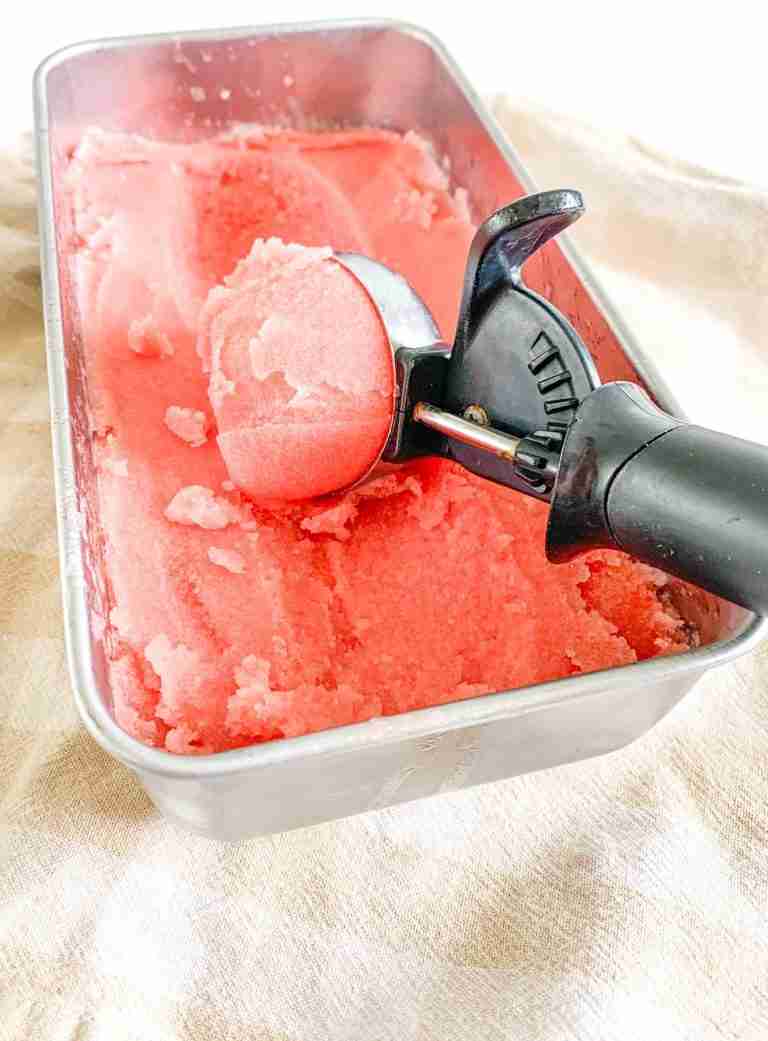 freshly made watermelon sorbet in a scoop