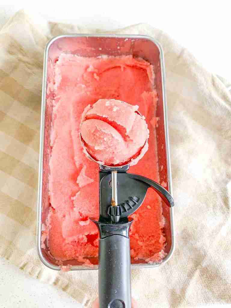 freshly made watermelon sorbet in a scoop