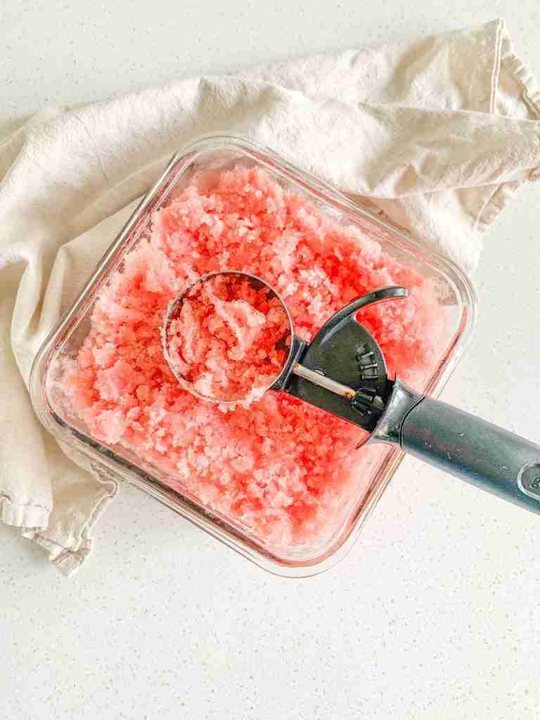 freshly made watermelon sorbet in a scoop