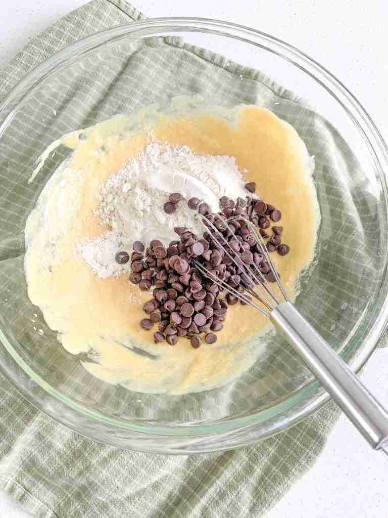 flour and chocolate chip added to wet ingredients