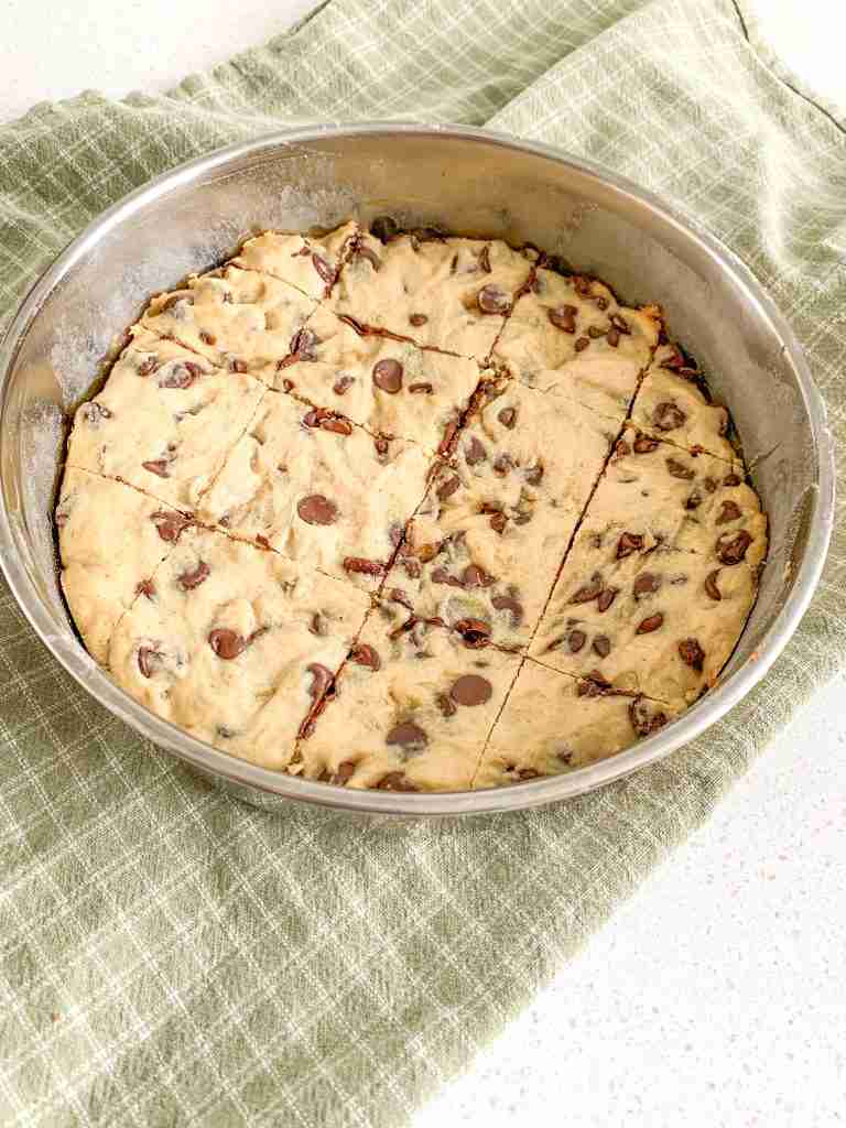 freshly baked sourdough chocolate chip blondies cut into squares