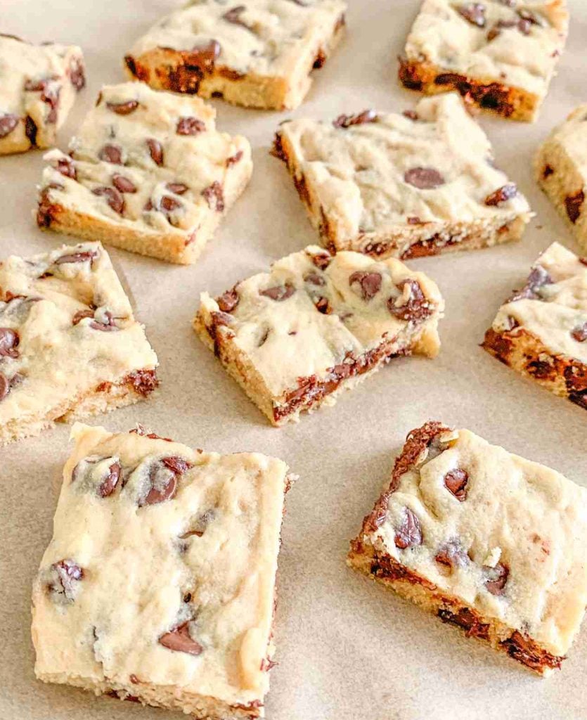 sourdough chocolate chip blondies squares on parchment