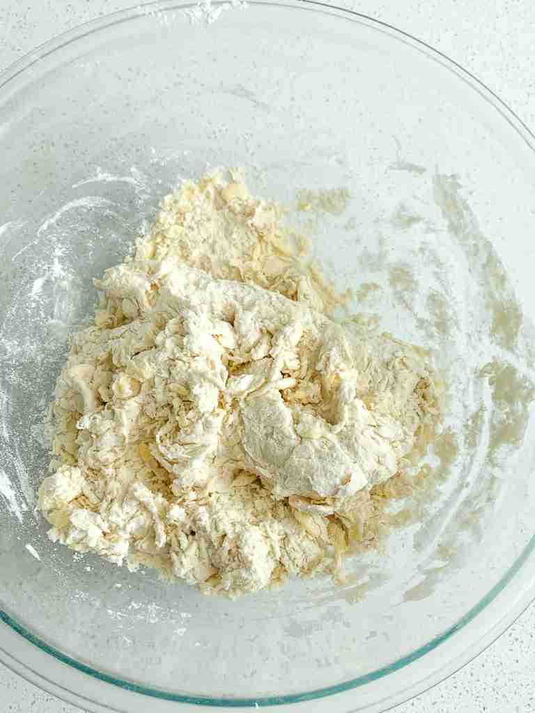 crumbly sourdough angel biscuit dough ready to be combined with hands