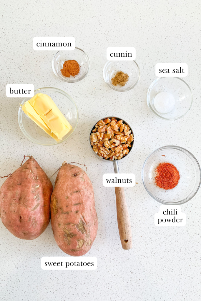 savory twice baked sweet potatoes labeled ingredients