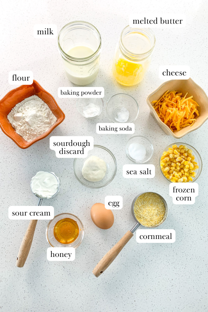 sourdough cheesy corn casserole labeled ingredients