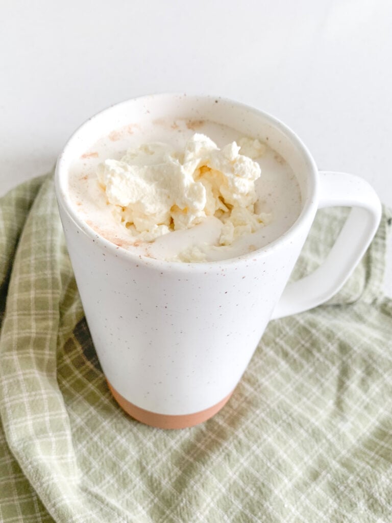 freshly made peppermint hot chocolate topped with whipped cream