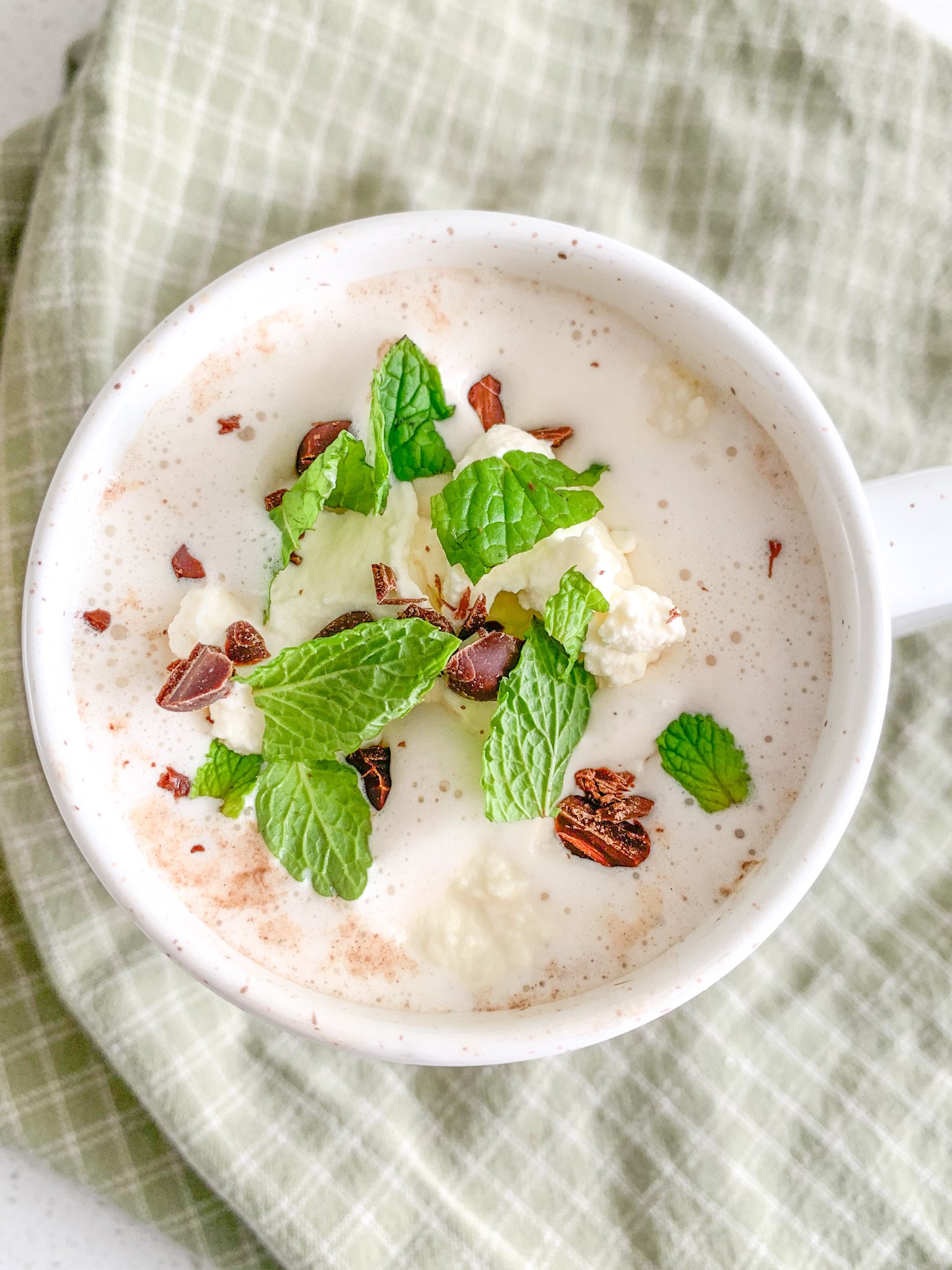 freshly made peppermint hot chocolate topped with whipped cream, mint leaves, and chocolate chips