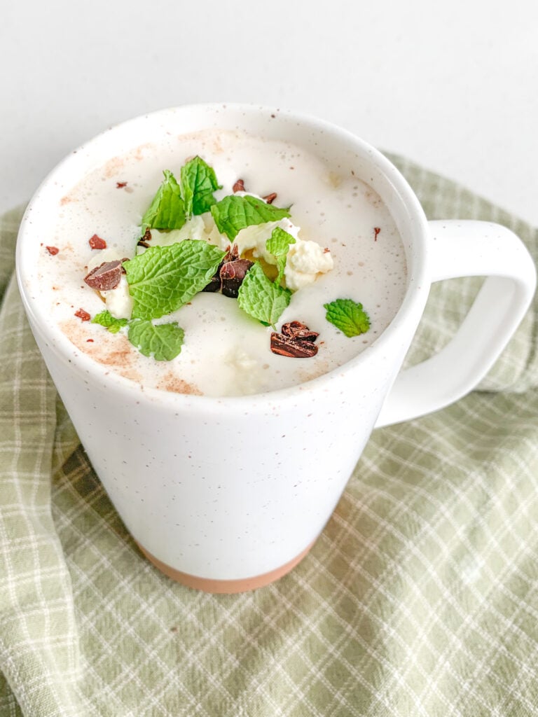 freshly made peppermint hot chocolate topped with whipped cream, mint leaves, and chocolate chips