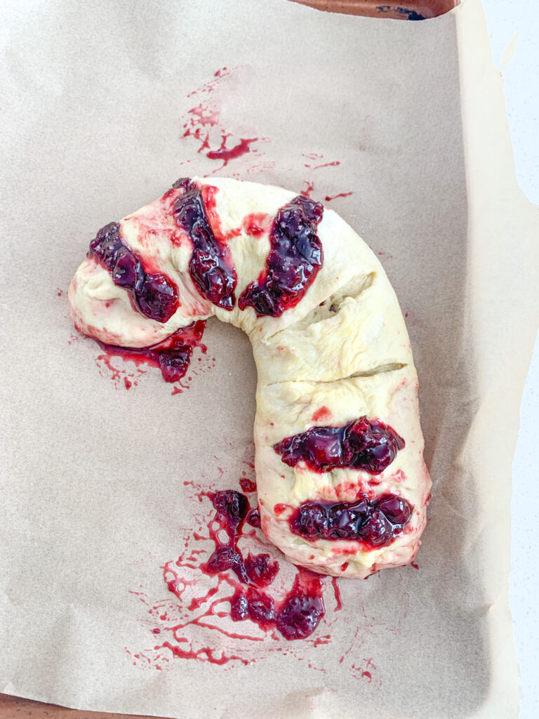candy cane danish proofed and being filled