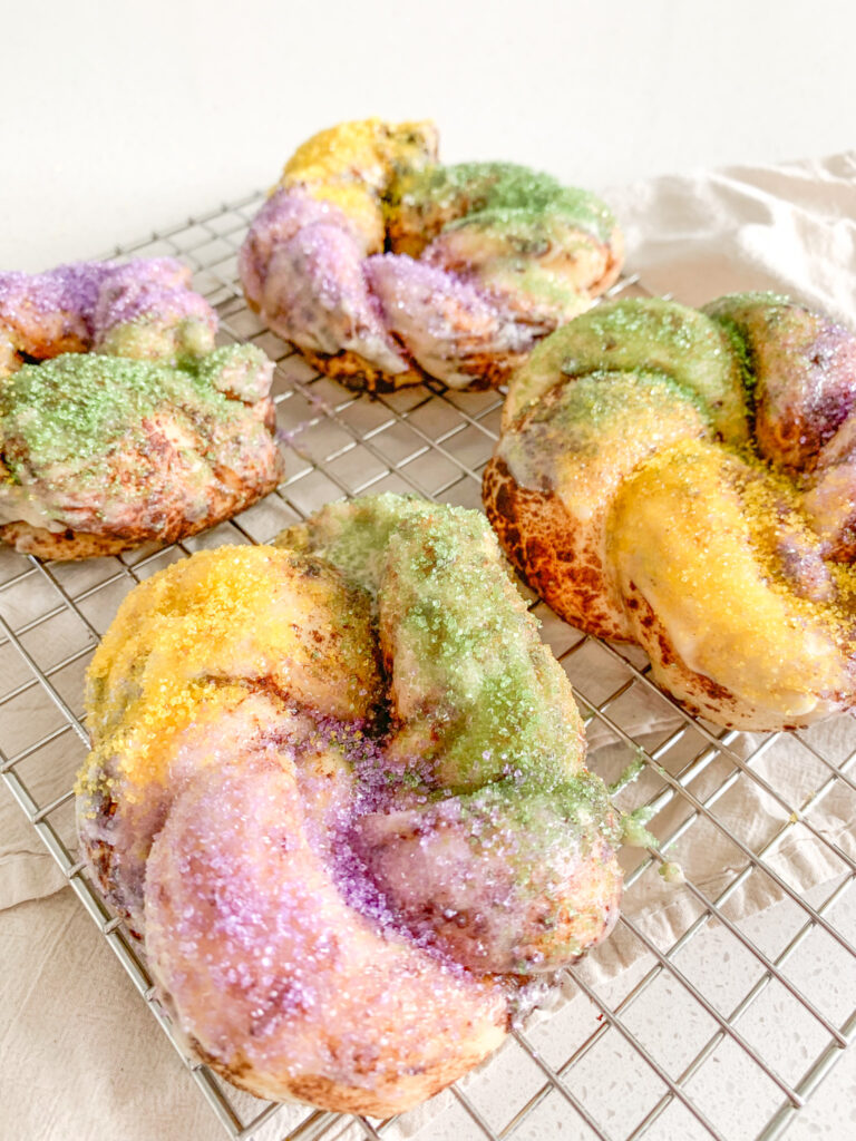 baked and decorated mini sourdough king cakes