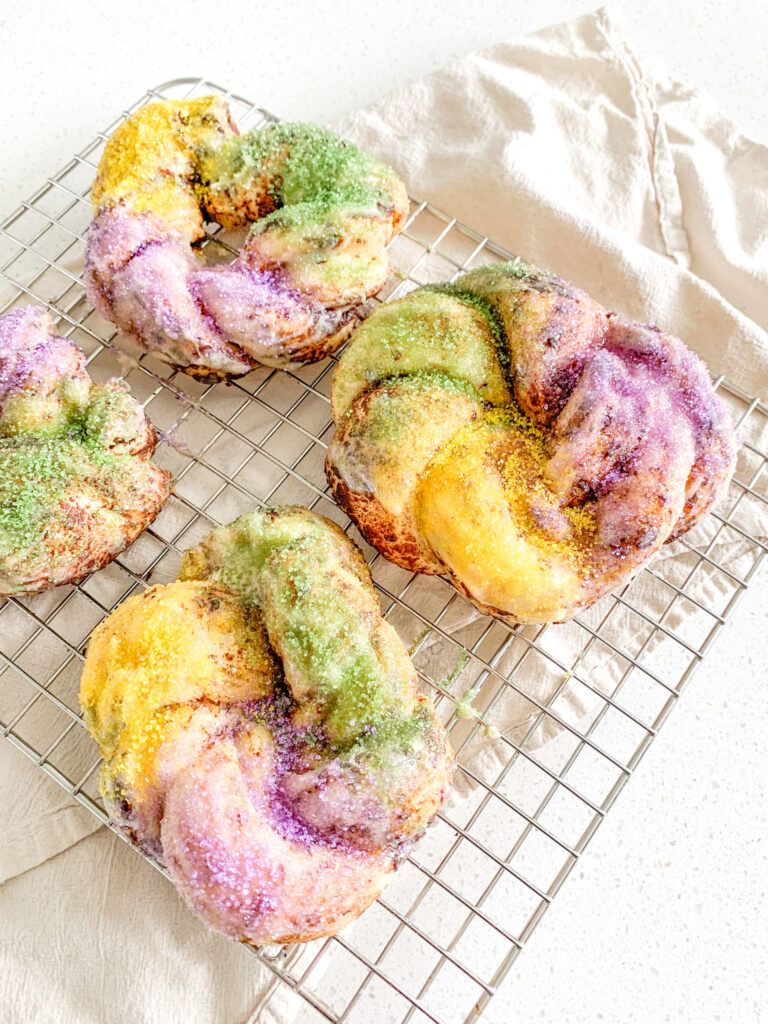 baked and decorated mini sourdough king cakes